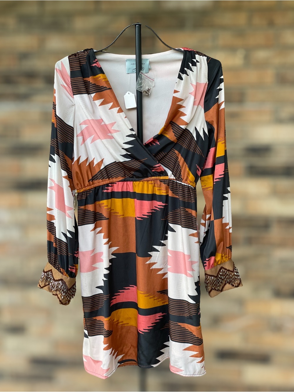 Judith March Printed Dazzle Dress L Beaded Cuff Geometric Boho